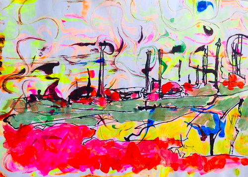 Milford Haven Oil Refinery. Gouache, Pen and Ink drawing. By Eloise Govier